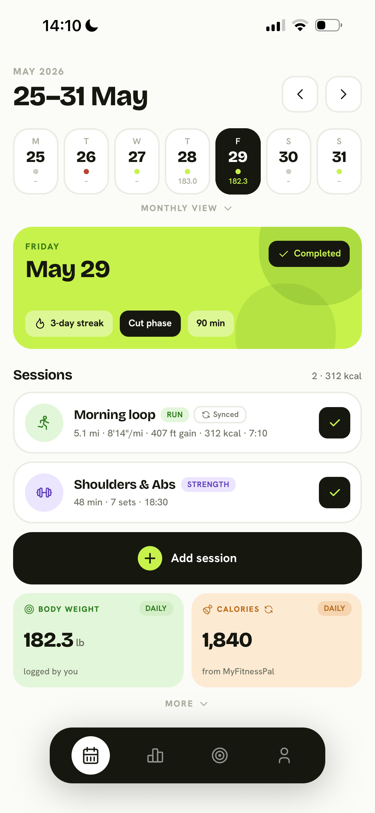 Day hub with sessions, weigh-in and calories.
