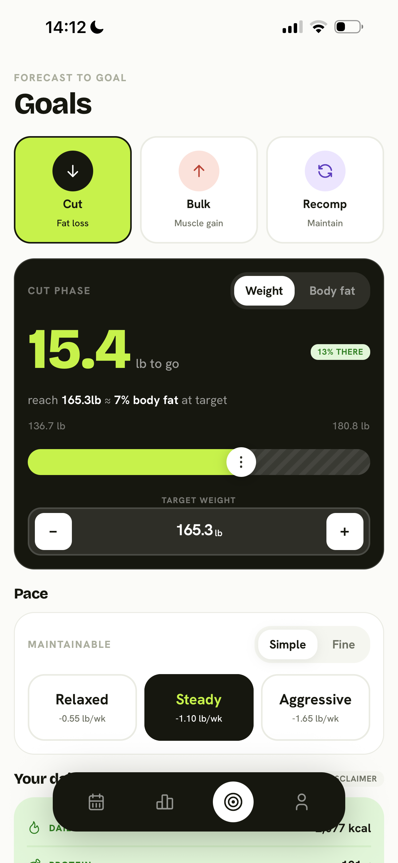 Goals tab with cut, bulk and recomp phases.